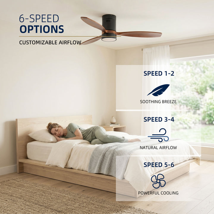VEYRA 52-inch Modern Ceiling Fan with Light, 3 Solid Wood Blades, DC Motor, 6 Speeds, Flush Mount for Bedroom, Living Room