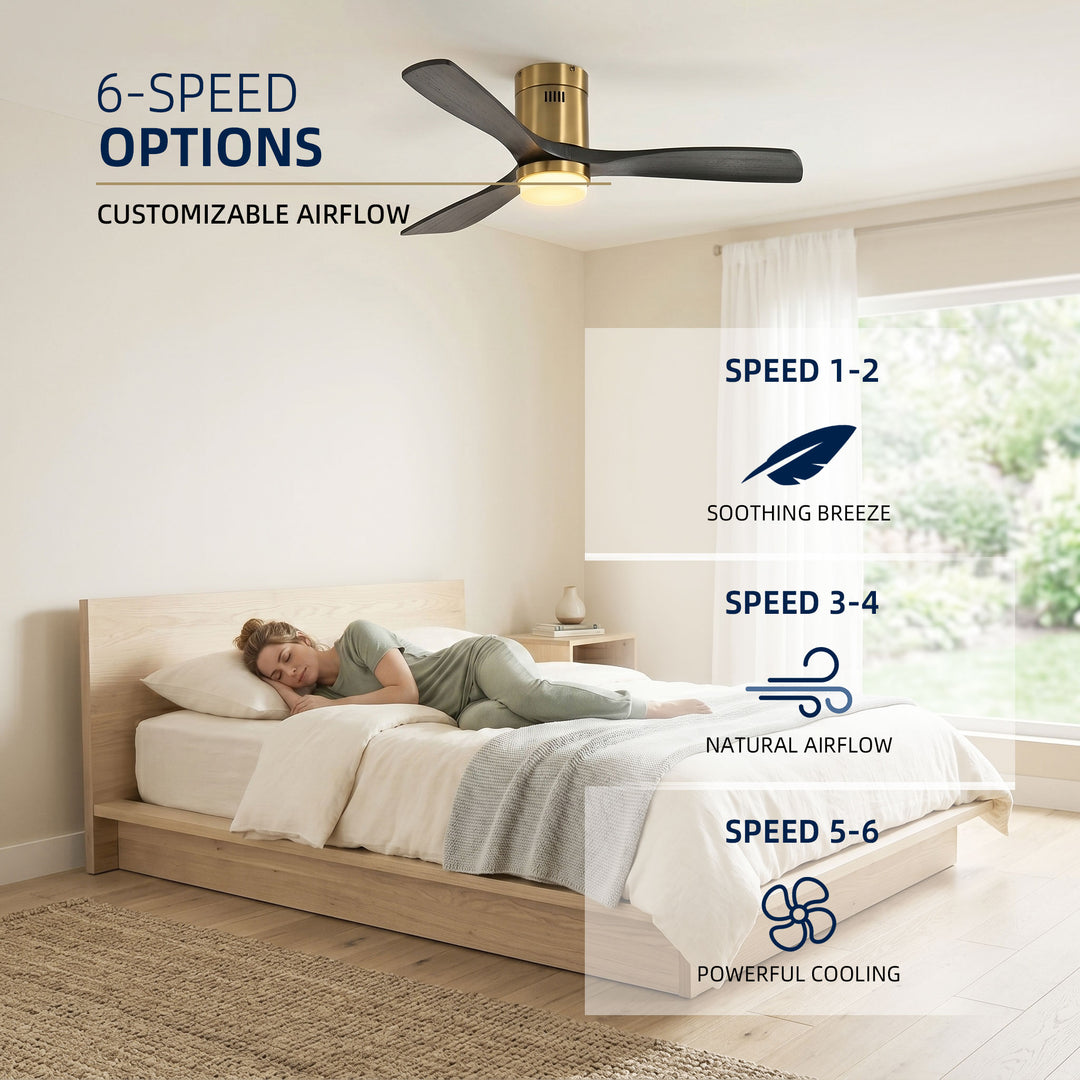 VEYRA 52-inch Modern Ceiling Fan with Light, 3 Solid Wood Blades, DC Motor, 6 Speeds, Flush Mount for Bedroom, Living Room