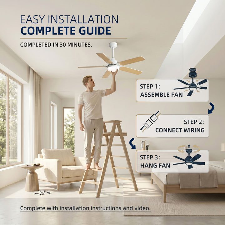 VEYRA 42-inch Modern Ceiling Fan with Light, 5 MDF Blades, DC Motor, 6 Speeds, Downrod Flush Mount for Bedroom, Living Room