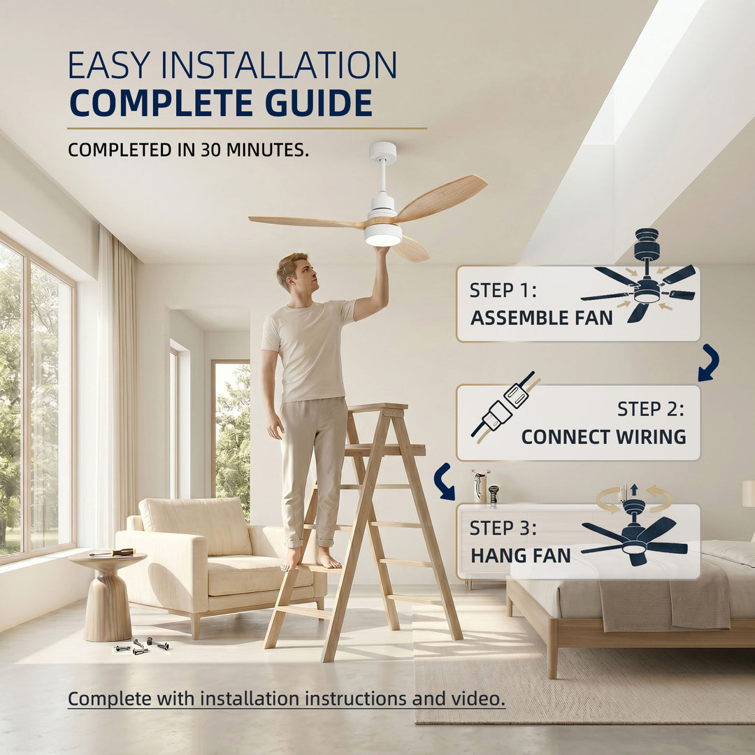 VEYRA 52-inch Modern Ceiling Fan with Light, 3 Solid Wood Blades, DC Motor, 6 Speeds, Downrod Mount for Bedroom, Living Room