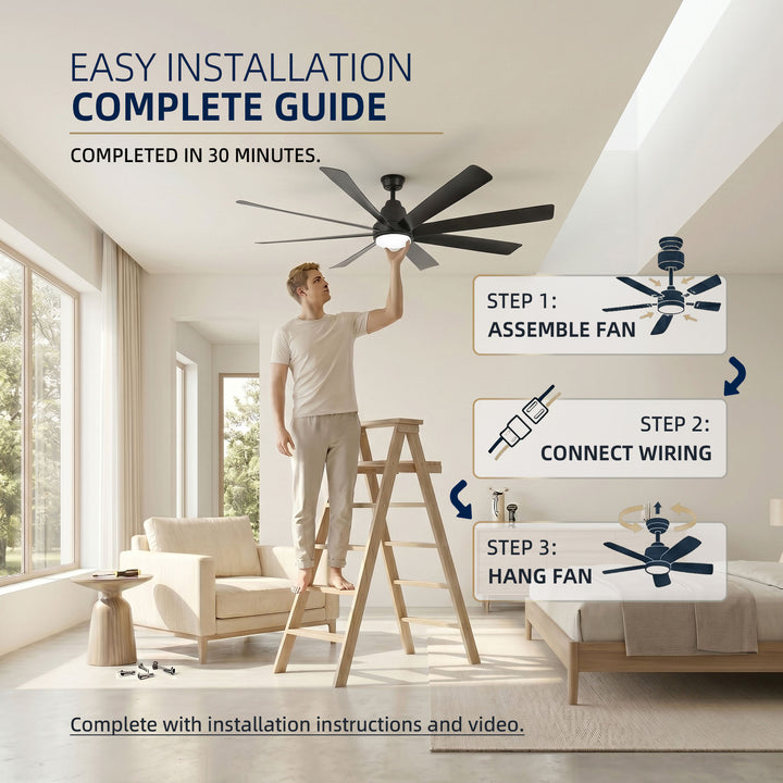 VEYRA 72-inch Modern Ceiling Fan with Light, 8 ABS Blades, DC Motor, 6 Speeds, Downrod Mount for Bedroom, Living Room