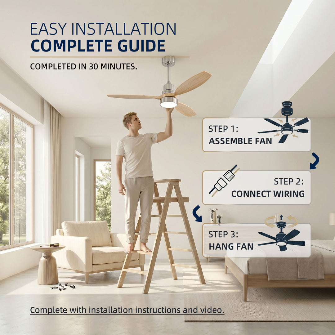 VEYRA 52-inch Modern Ceiling Fan with Light, 3 Solid Wood Blades, DC Motor, 6 Speeds, Downrod Mount for Bedroom, Living Room