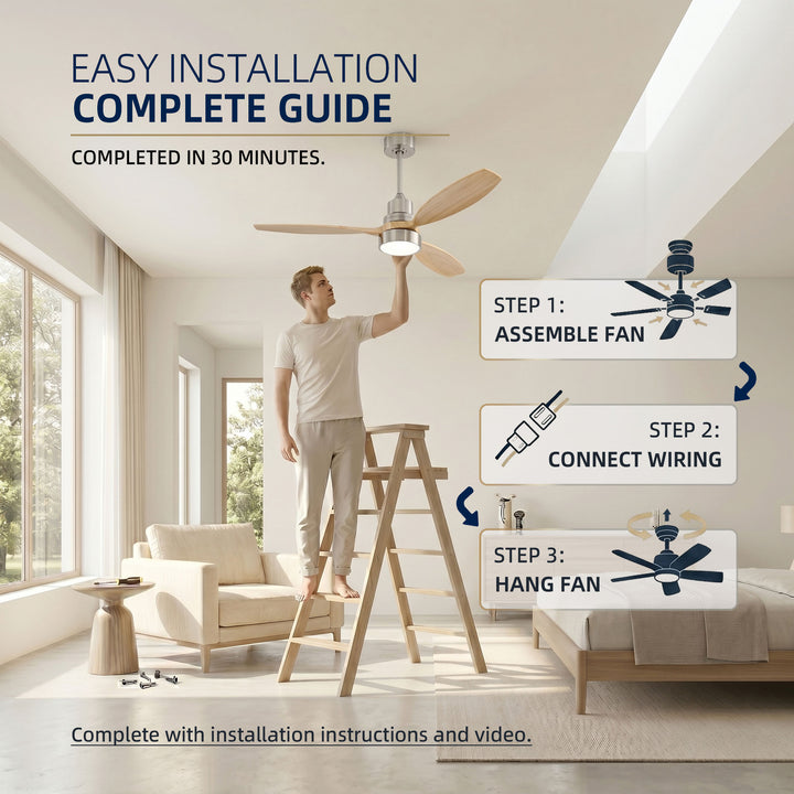 VEYRA 52-inch Modern Ceiling Fan with Light, 3 Solid Wood Blades, DC Motor, 6 Speeds, Downrod Mount for Bedroom, Living Room