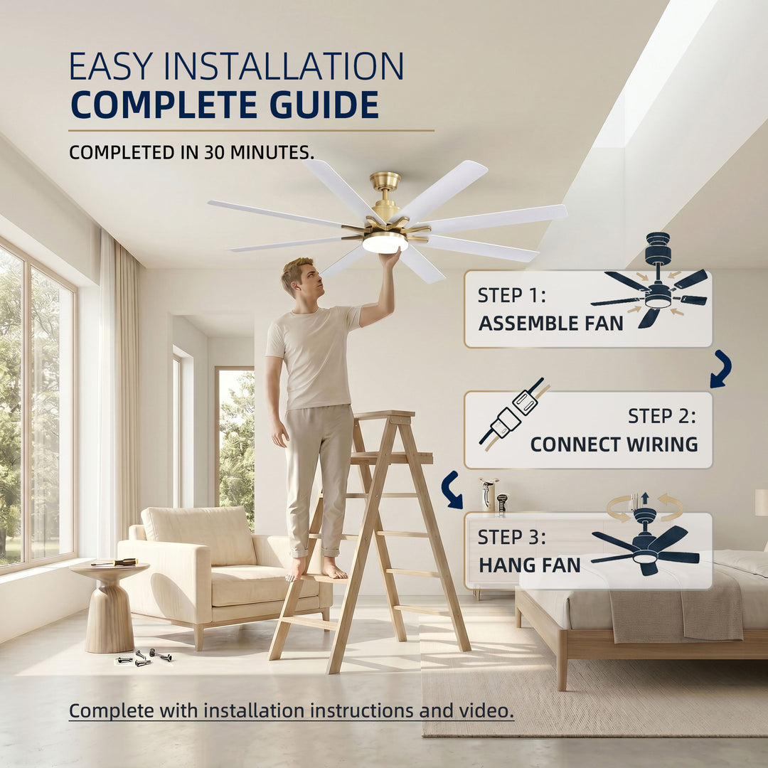 VEYRA 66-inch Modern Ceiling Fan with Light, Remote Control Smart Fan, 8 ABS Blades, DC Motor, 6 Speeds, Downrod Mount for Bedroom, Living Room