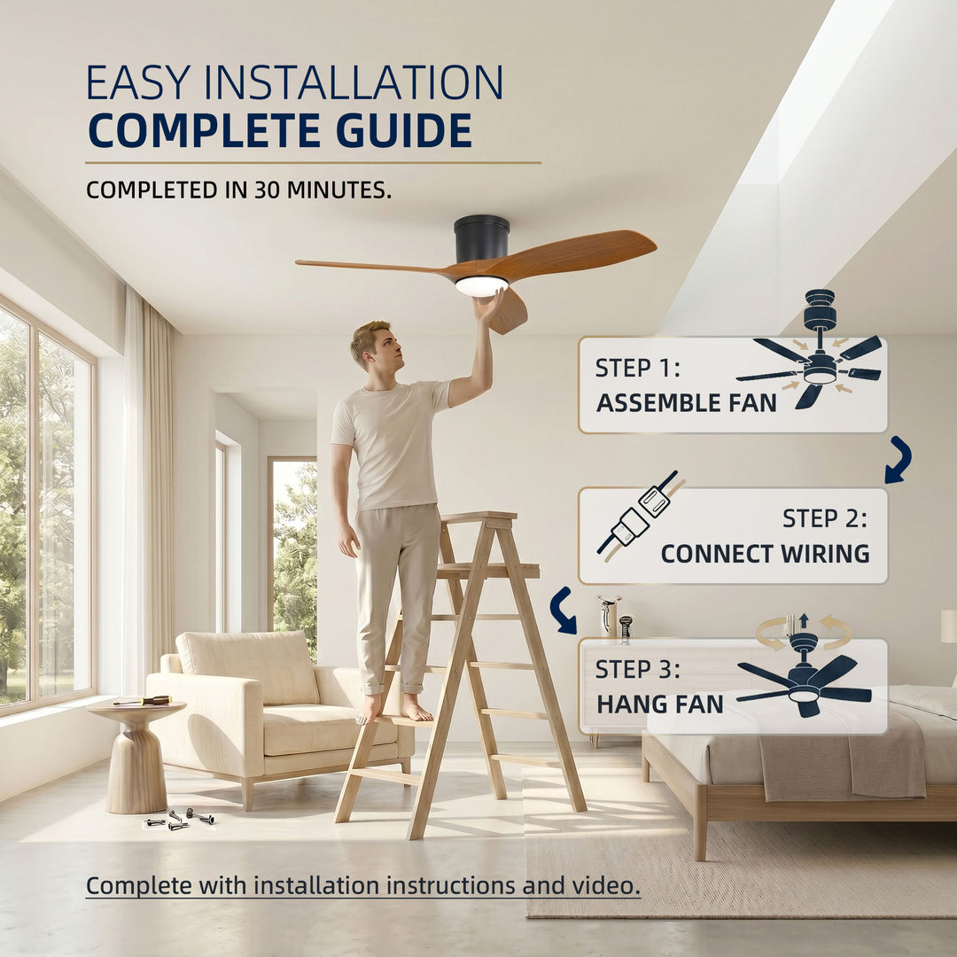 VEYRA 52-inch Modern Ceiling Fan with Light, 3 ABS Blades, DC Motor, 6 Speeds, Flush Mount for Bedroom, Living Room