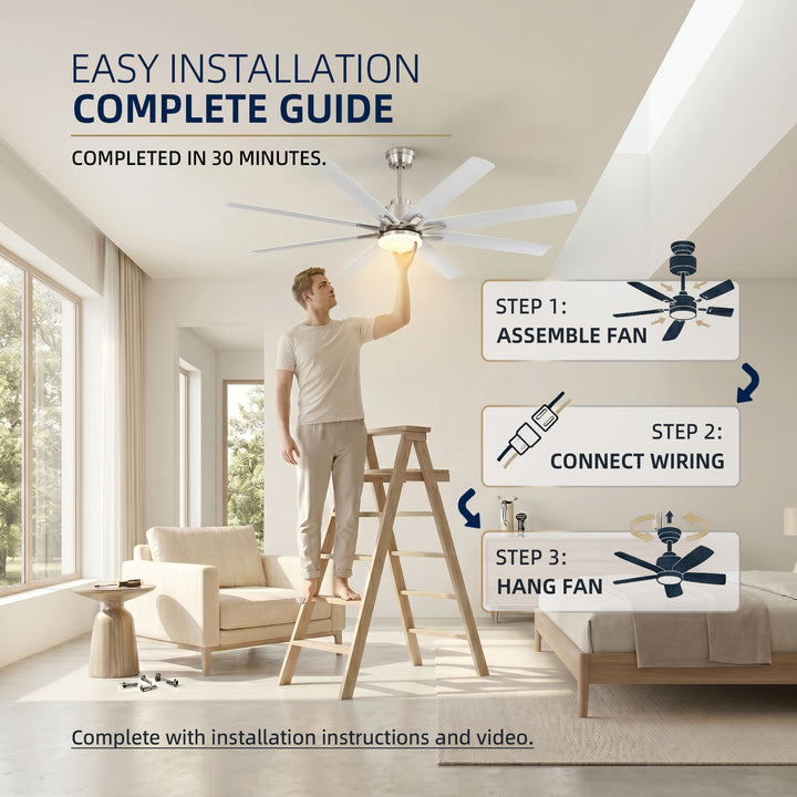 VEYRA 66-inch Modern Ceiling Fan with Light, Remote Control Smart Fan, 8 ABS Blades, DC Motor, 6 Speeds, Downrod Mount for Bedroom, Living Room