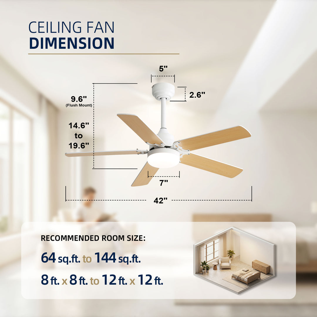 VEYRA 42-inch Modern Ceiling Fan with Light, 5 MDF Blades, DC Motor, 6 Speeds, Downrod Flush Mount for Bedroom, Living Room