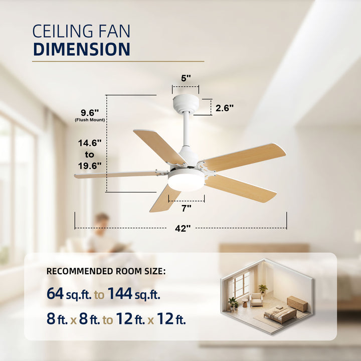VEYRA 42-inch Modern Ceiling Fan with Light, 5 MDF Blades, DC Motor, 6 Speeds, Downrod Flush Mount for Bedroom, Living Room