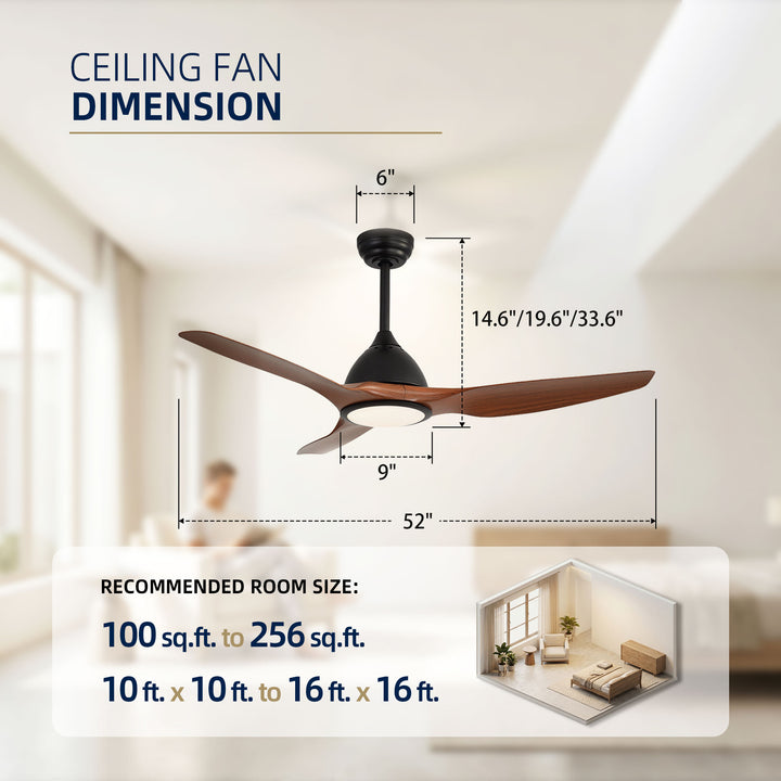 VEYRA 52-inch Modern Ceiling Fan with Light, 3 ABS Blades, DC Motor, 6 Speeds, Downrod Mount for Bedroom, Living Room