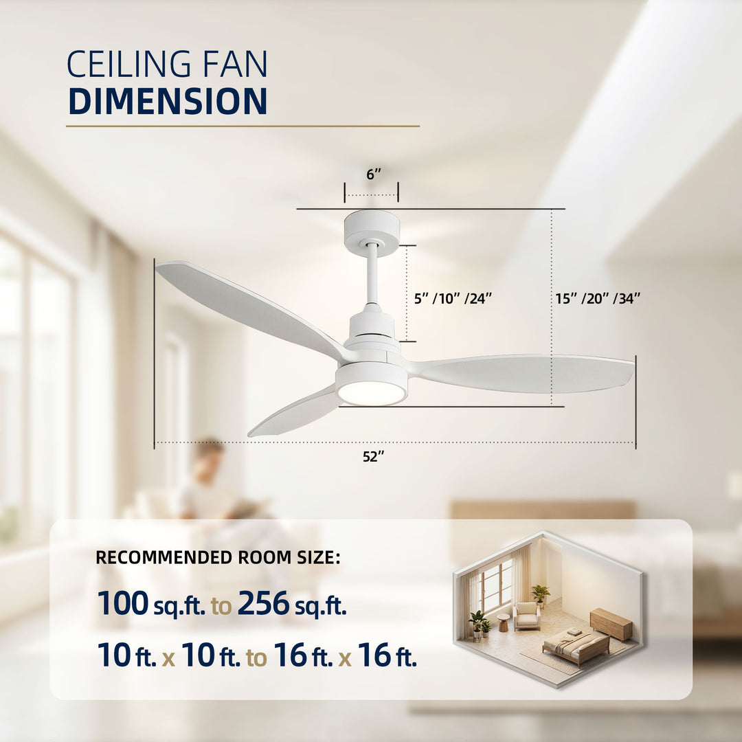 VEYRA 52-inch Modern Ceiling Fan with Light, 3 Solid Wood Blades, DC Motor, 6 Speeds, Downrod Mount for Bedroom, Living Room