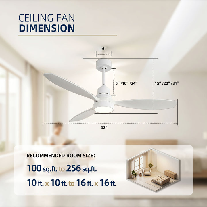 VEYRA 52-inch Modern Ceiling Fan with Light, 3 Solid Wood Blades, DC Motor, 6 Speeds, Downrod Mount for Bedroom, Living Room