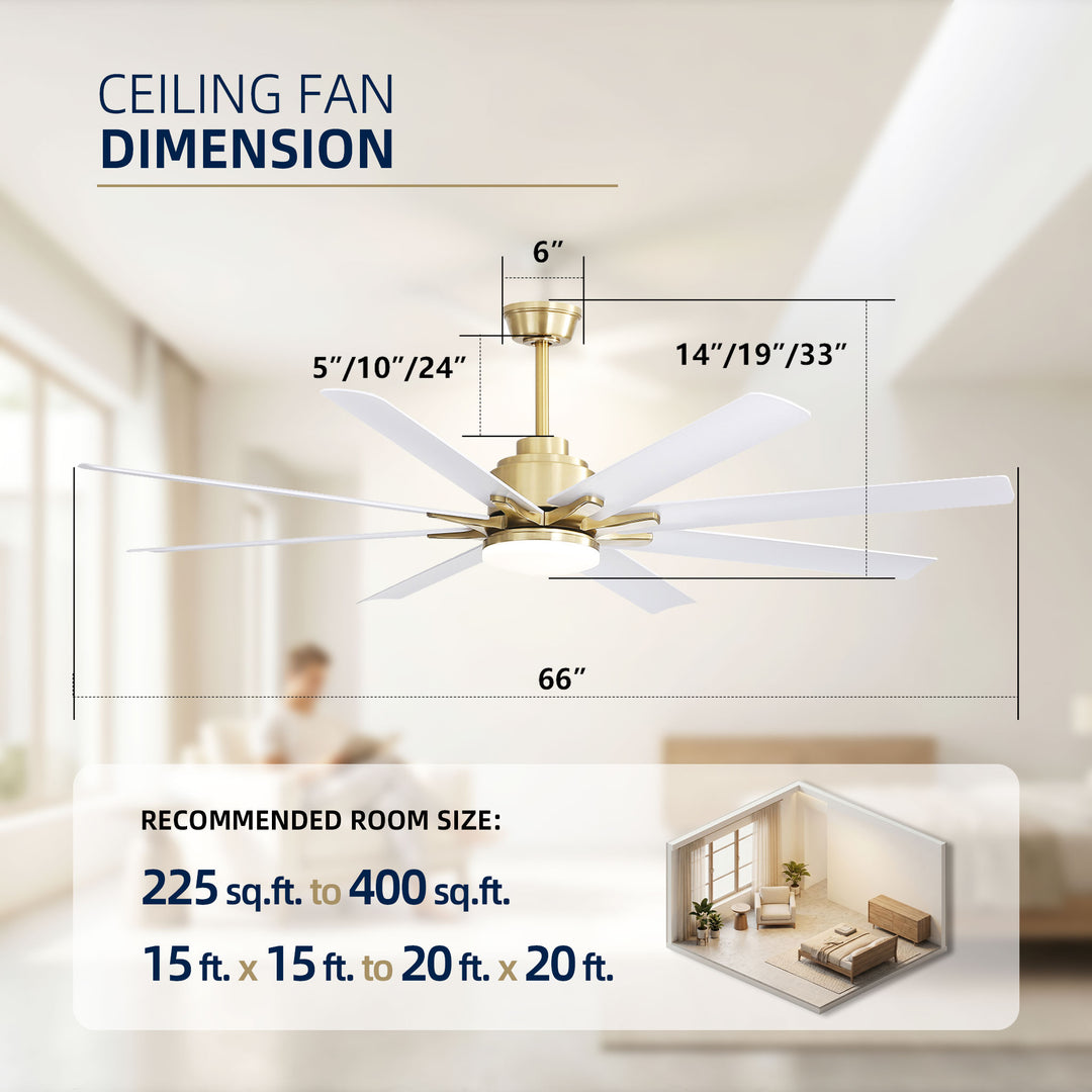 VEYRA 66-inch Modern Ceiling Fan with Light, Remote Control Smart Fan, 8 ABS Blades, DC Motor, 6 Speeds, Downrod Mount for Bedroom, Living Room