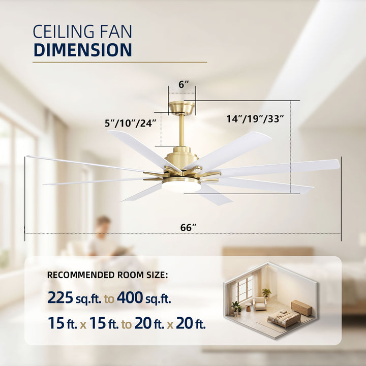 VEYRA 66-inch Modern Ceiling Fan with Light, Remote Control Smart Fan, 8 ABS Blades, DC Motor, 6 Speeds, Downrod Mount for Bedroom, Living Room