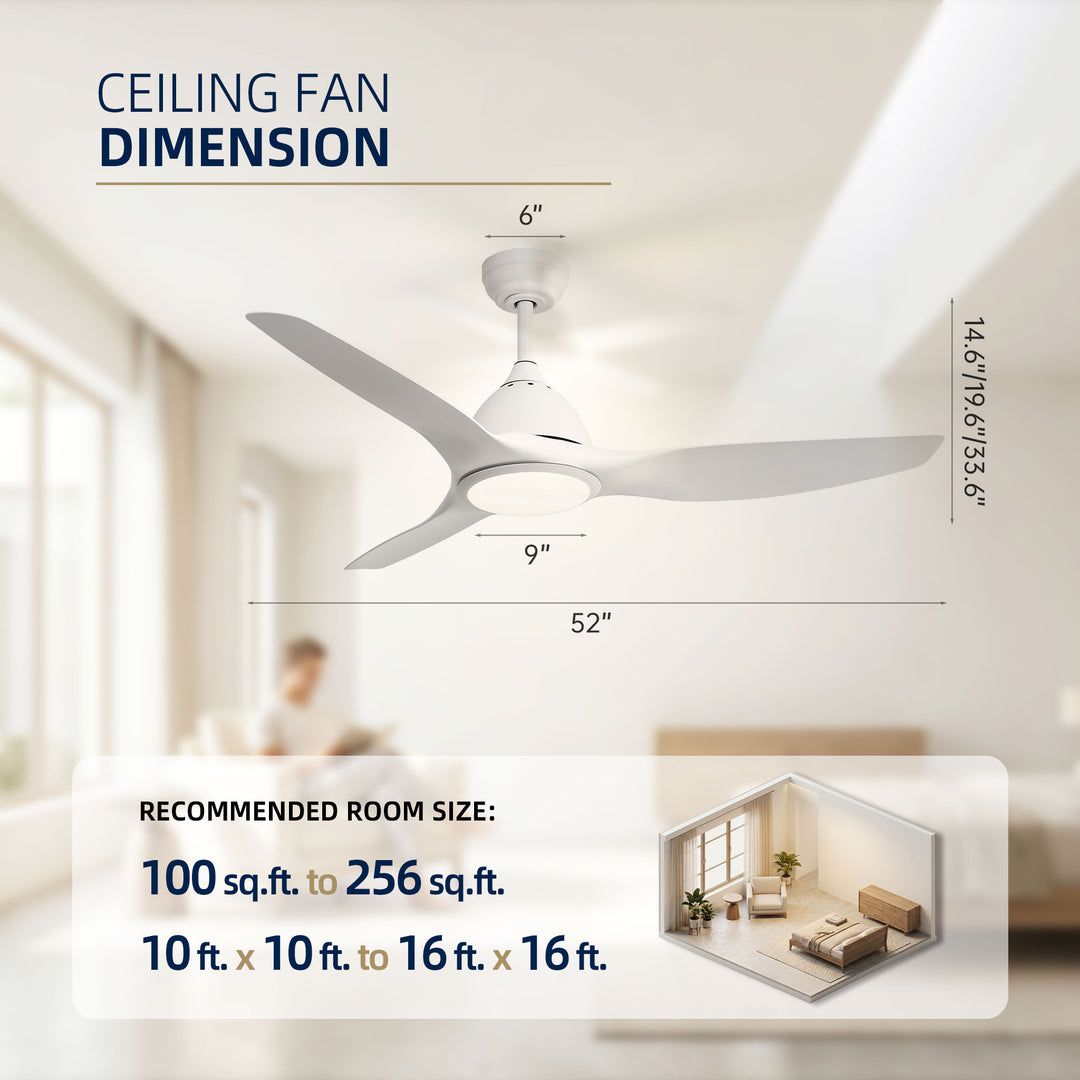 VEYRA 52-inch Modern Ceiling Fan with Light, 3 ABS Blades, DC Motor, 6 Speeds, Downrod Mount for Bedroom, Living Room