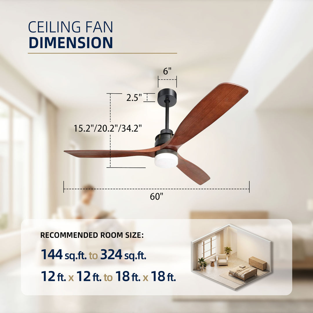 VEYRA 60-inch Modern Ceiling Fan with Light, 3 Solid Wood Blades, DC Motor, 6 Speeds, Downrod Mount for Bedroom, Living Room