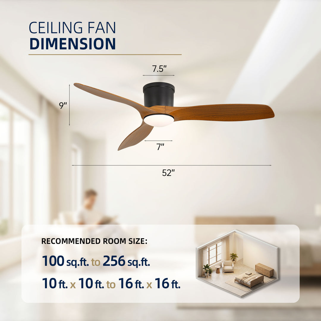 VEYRA 52-inch Modern Ceiling Fan with Light, 3 ABS Blades, DC Motor, 6 Speeds, Flush Mount for Bedroom, Living Room