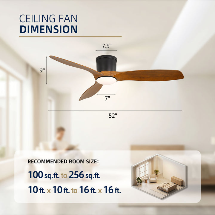 VEYRA 52-inch Modern Ceiling Fan with Light, 3 ABS Blades, DC Motor, 6 Speeds, Flush Mount for Bedroom, Living Room