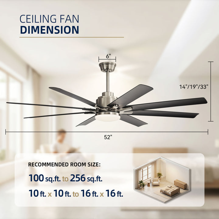 VEYRA 52-inch Modern Ceiling Fan with Light, 8 ABS Blades, DC Motor, 6 Speeds, Downrod Mount for Bedroom, Living Room