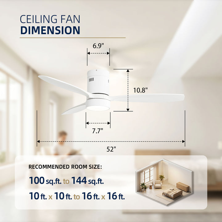 VEYRA 52-inch Modern Ceiling Fan with Light, 3 Solid Wood Blades, DC Motor, 6 Speeds, Flush Mount for Bedroom, Living Room
