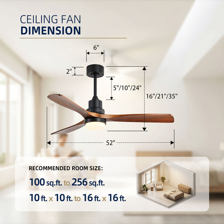 VEYRA 52-inch Modern Ceiling Fan with Light, 3 Solid Wood Blades, DC Motor, 6 Speeds, Downrod Mount for Bedroom, Living Room
