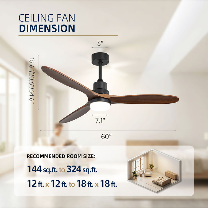 VEYRA 60-inch Modern Ceiling Fan with Light, 3 Solid Wood Blades, DC Motor, 6 Speeds, Downrod Mount for Bedroom, Living Room