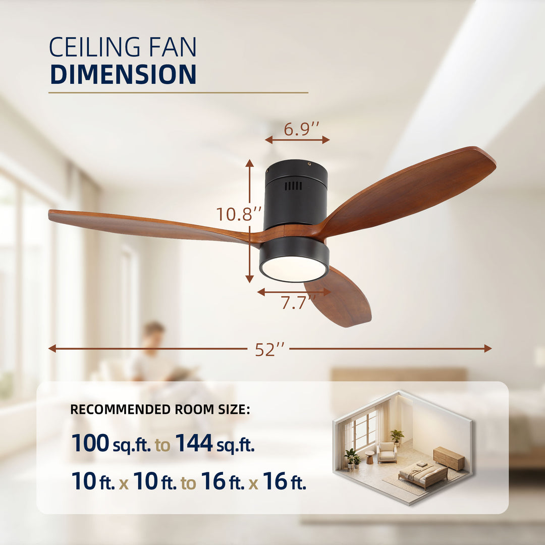 VEYRA 52-inch Modern Ceiling Fan with Light, 3 Solid Wood Blades, DC Motor, 6 Speeds, Flush Mount for Bedroom, Living Room