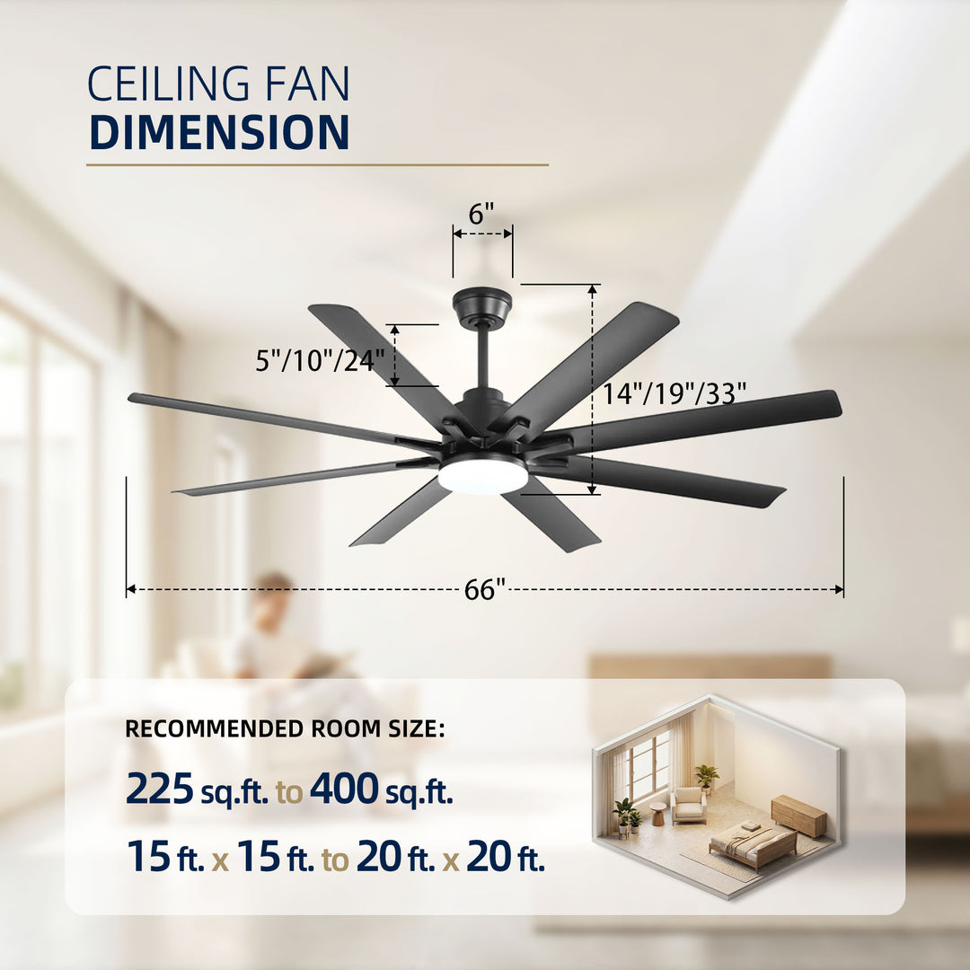 VEYRA 66-inch Modern Ceiling Fan with Light, Remote Control Smart Fan, 8 ABS Blades, DC Motor, 6 Speeds, Downrod Mount for Bedroom, Living Room