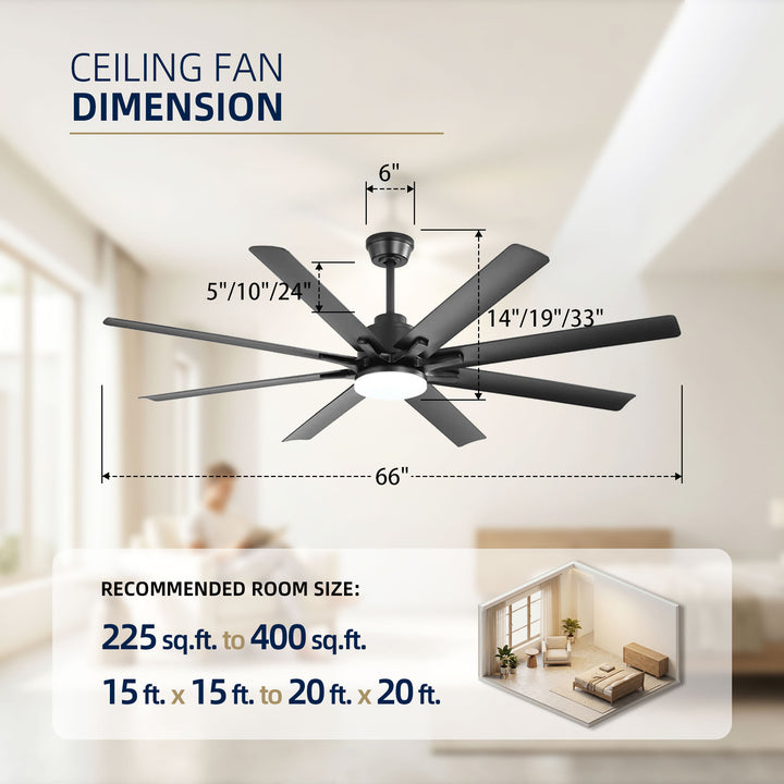 VEYRA 66-inch Modern Ceiling Fan with Light, Remote Control Smart Fan, 8 ABS Blades, DC Motor, 6 Speeds, Downrod Mount for Bedroom, Living Room