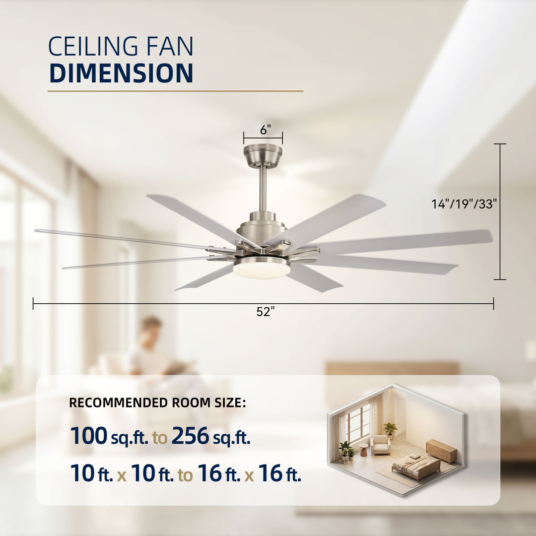 VEYRA 66-inch Modern Ceiling Fan with Light, Remote Control Smart Fan, 8 ABS Blades, DC Motor, 6 Speeds, Downrod Mount for Bedroom, Living Room