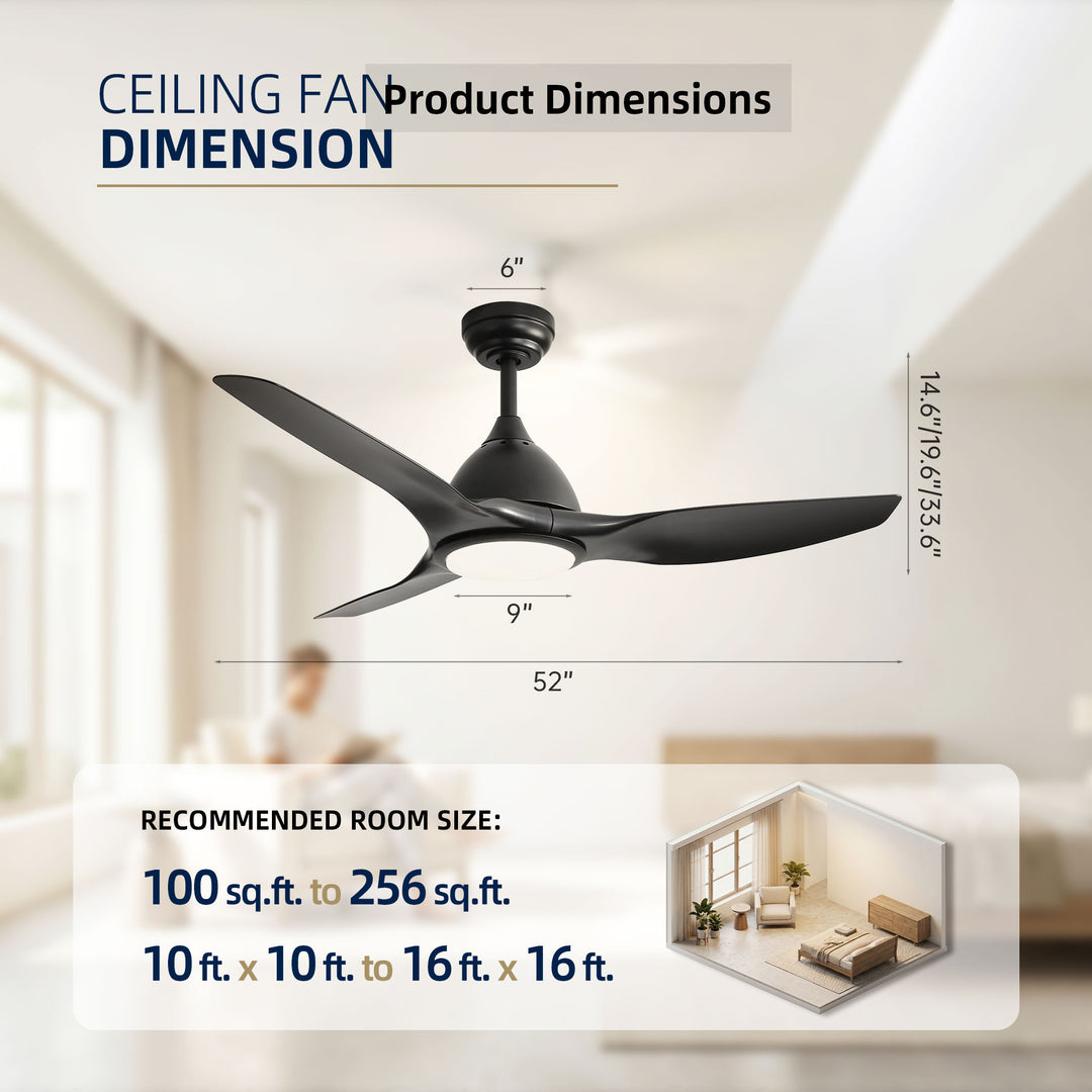 VEYRA 52-inch Modern Ceiling Fan with Light, 3 ABS Blades, DC Motor, 6 Speeds, Downrod Mount for Bedroom, Living Room