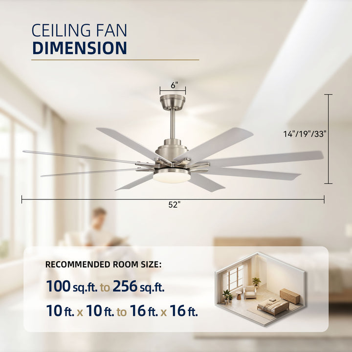 VEYRA 52-inch Modern Ceiling Fan with Light, 8 ABS Blades, DC Motor, 6 Speeds, Downrod Mount for Bedroom, Living Room