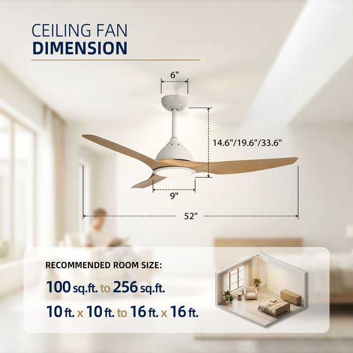 VEYRA 52-inch Modern Ceiling Fan with Light, 3 ABS Blades, DC Motor, 6 Speeds, Downrod Mount for Bedroom, Living Room