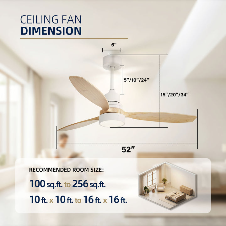 VEYRA 52-inch Modern Ceiling Fan with Light, 3 Solid Wood Blades, DC Motor, 6 Speeds, Downrod Mount for Bedroom, Living Room