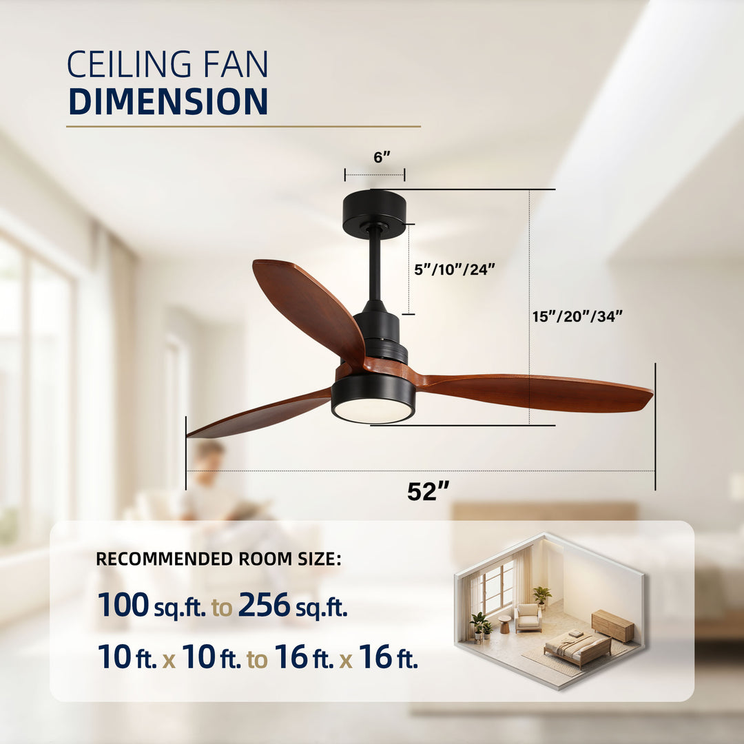 VEYRA 52-inch Modern Ceiling Fan with Light, 3 Solid Wood Blades, DC Motor, 6 Speeds, Downrod Mount for Bedroom, Living Room