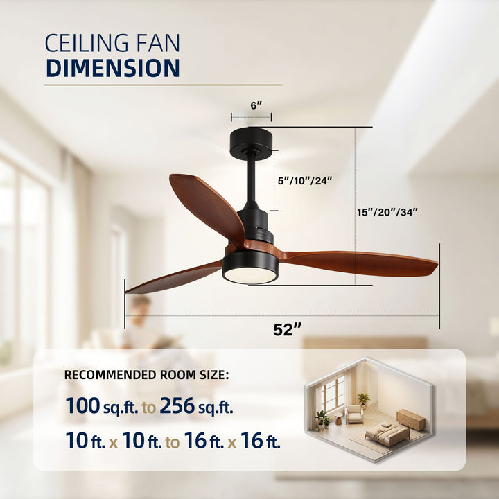 VEYRA 52-inch Modern Ceiling Fan with Light, 3 Solid Wood Blades, DC Motor, 6 Speeds, Downrod Mount for Bedroom, Living Room