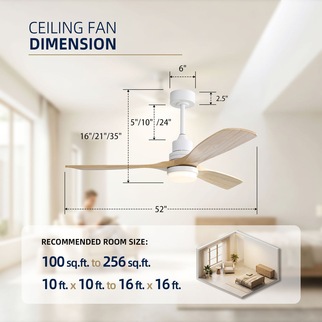 VEYRA 52-inch Modern Ceiling Fan with Light, 3 Solid Wood Blades, DC Motor, 6 Speeds, Downrod Mount for Bedroom, Living Room