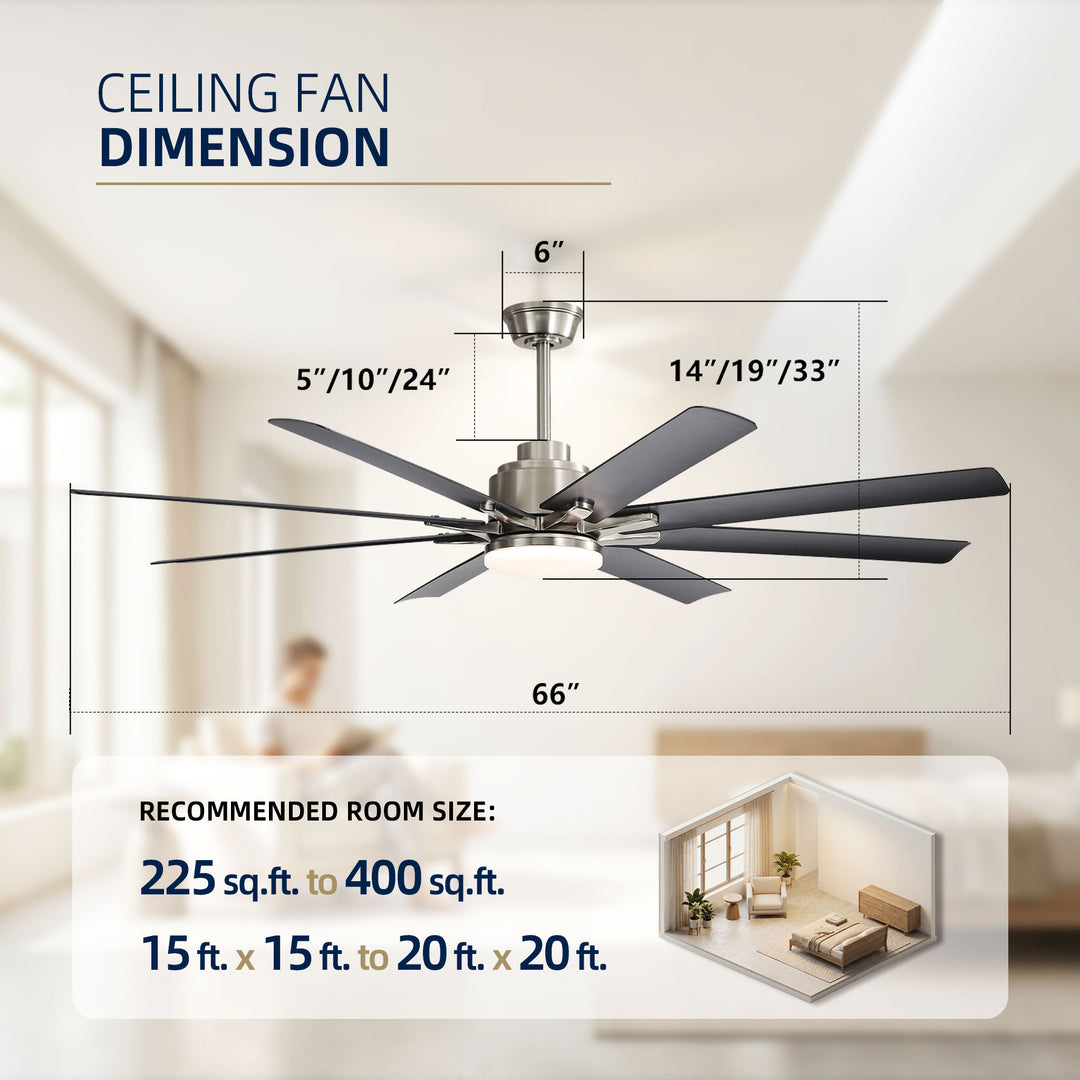 VEYRA 66-inch Modern Ceiling Fan with Light, Remote Control Smart Fan, 8 ABS Blades, DC Motor, 6 Speeds, Downrod Mount for Bedroom, Living Room