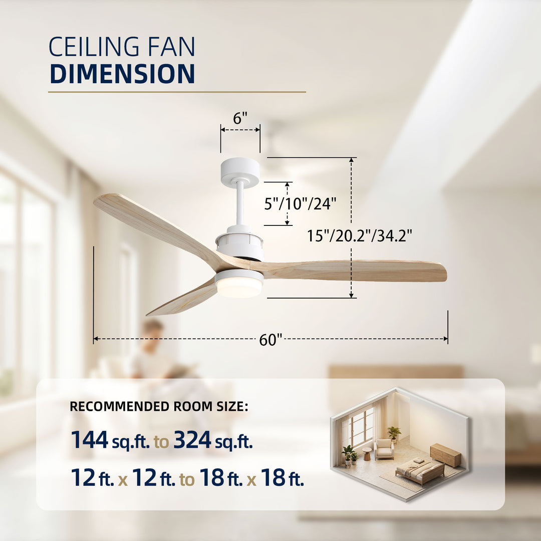 VEYRA 60-inch Modern Ceiling Fan with Light, 3 Solid Wood Blades, DC Motor, 6 Speeds, Downrod Mount for Bedroom, Living Room