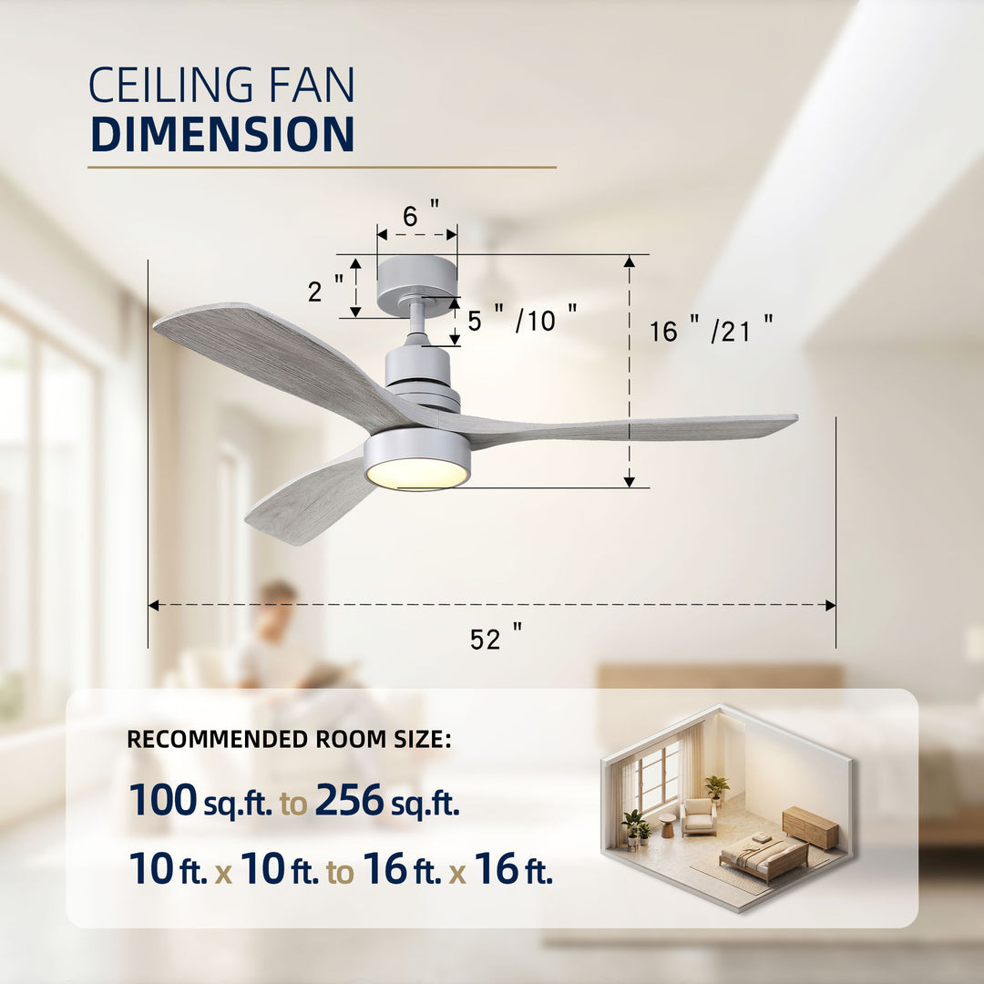 VEYRA 52-inch Modern Ceiling Fan with Light, 3 Solid Wood Blades, DC Motor, 6 Speeds, Downrod Mount for Bedroom, Living Room
