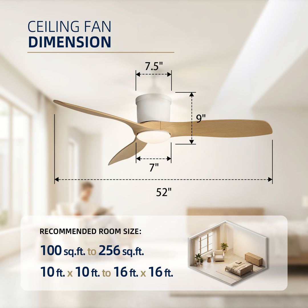 VEYRA 52-inch Modern Ceiling Fan with Light, 3 ABS Blades, DC Motor, 6 Speeds, Flush Mount for Bedroom, Living Room