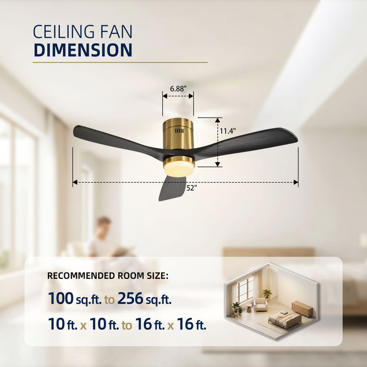 VEYRA 52-inch Modern Ceiling Fan with Light, 3 Solid Wood Blades, DC Motor, 6 Speeds, Flush Mount for Bedroom, Living Room