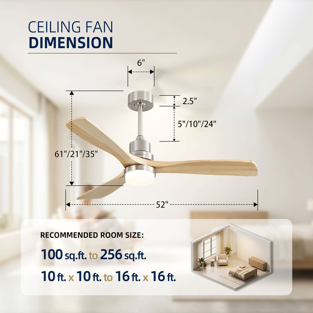 VEYRA 52-inch Modern Ceiling Fan with Light, 3 Solid Wood Blades, DC Motor, 6 Speeds, Downrod Mount for Bedroom, Living Room