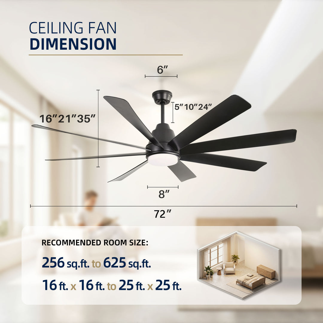 VEYRA 72-inch Modern Ceiling Fan with Light, 8 ABS Blades, DC Motor, 6 Speeds, Downrod Mount for Bedroom, Living Room