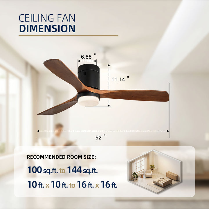 VEYRA 52-inch Modern Ceiling Fan with Light, 3 Solid Wood Blades, DC Motor, 6 Speeds, Flush Mount for Bedroom, Living Room