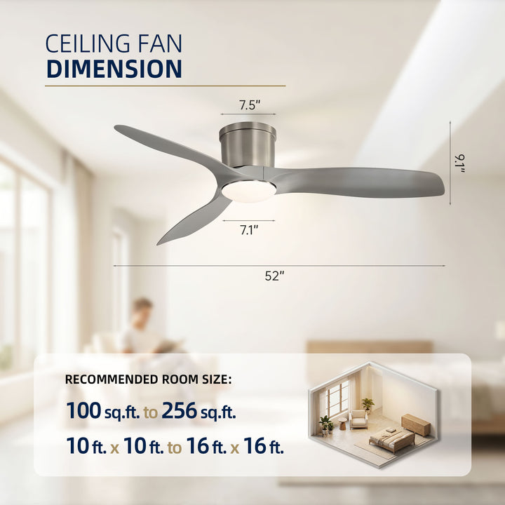 VEYRA 52-inch Modern Ceiling Fan with Light, 3 ABS Blades, DC Motor, 6 Speeds, Flush Mount for Bedroom, Living Room