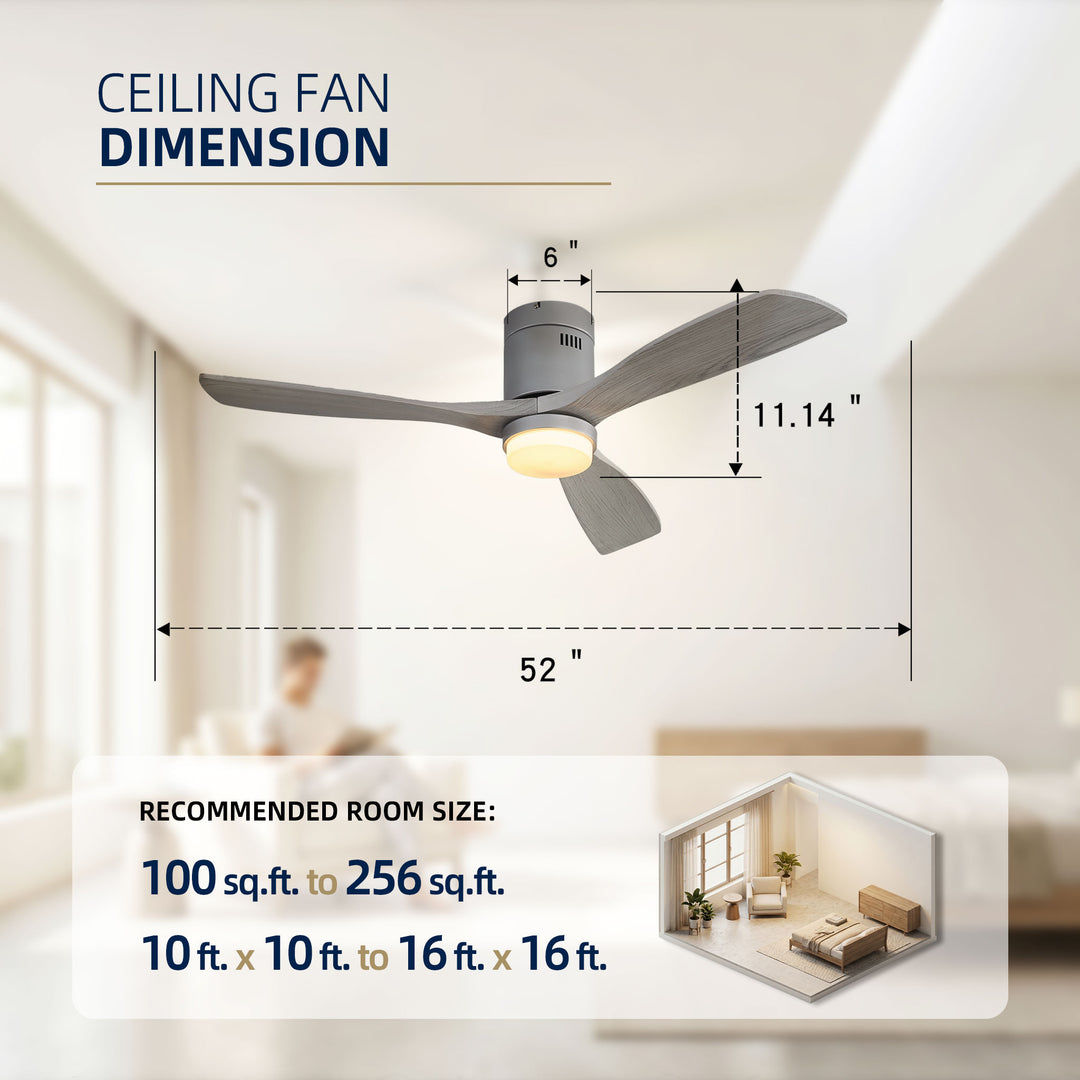 VEYRA 52-inch Modern Ceiling Fan with Light, 3 Solid Wood Blades, DC Motor, 6 Speeds, Flush Mount for Bedroom, Living Room