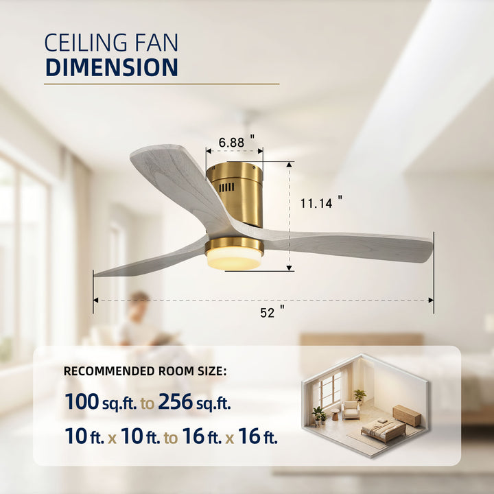VEYRA 52-inch Modern Ceiling Fan with Light, 3 Solid Wood Blades, DC Motor, 6 Speeds, Flush Mount for Bedroom, Living Room