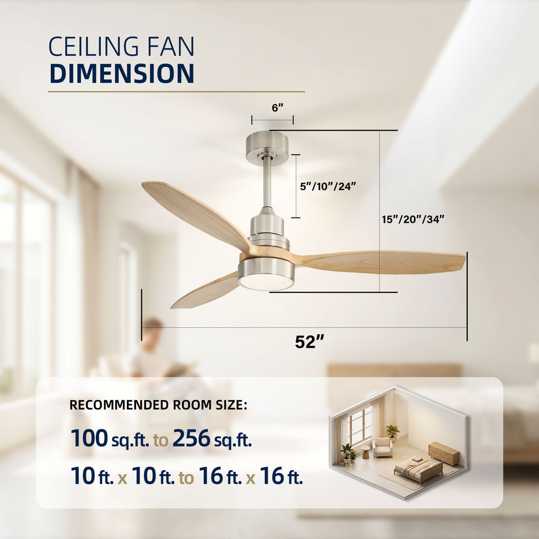 VEYRA 52-inch Modern Ceiling Fan with Light, 3 Solid Wood Blades, DC Motor, 6 Speeds, Downrod Mount for Bedroom, Living Room