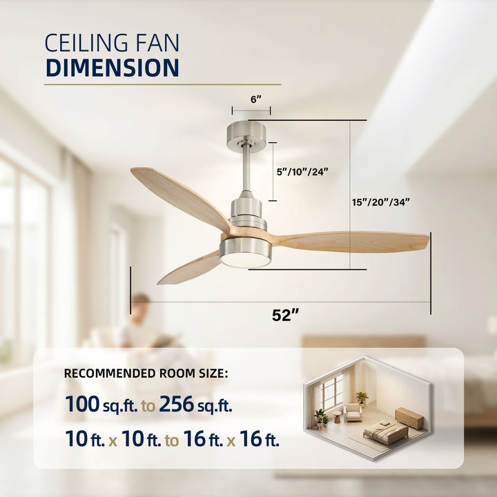 VEYRA 52-inch Modern Ceiling Fan with Light, 3 Solid Wood Blades, DC Motor, 6 Speeds, Downrod Mount for Bedroom, Living Room