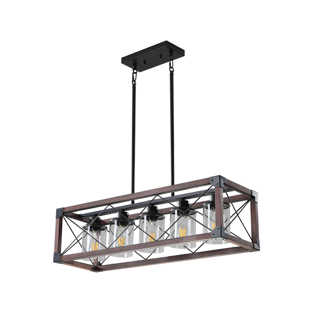 VEYRA 5-Light 31.5-inch Width Modern Farmhouse Rectangular Chandelier, Solid Wood Kitchen Island Light Fixture for Kitchen Island, Dining Room